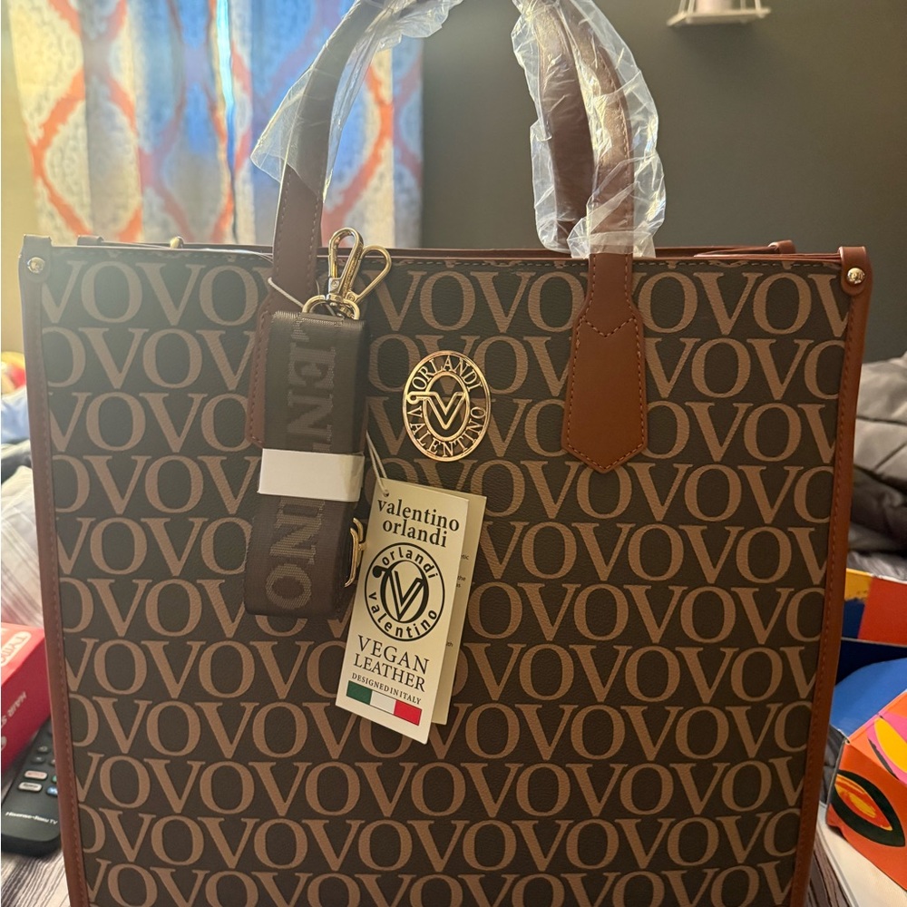 Valentino Orlandi Brown and Tan Vegan Leather Monogram Tote